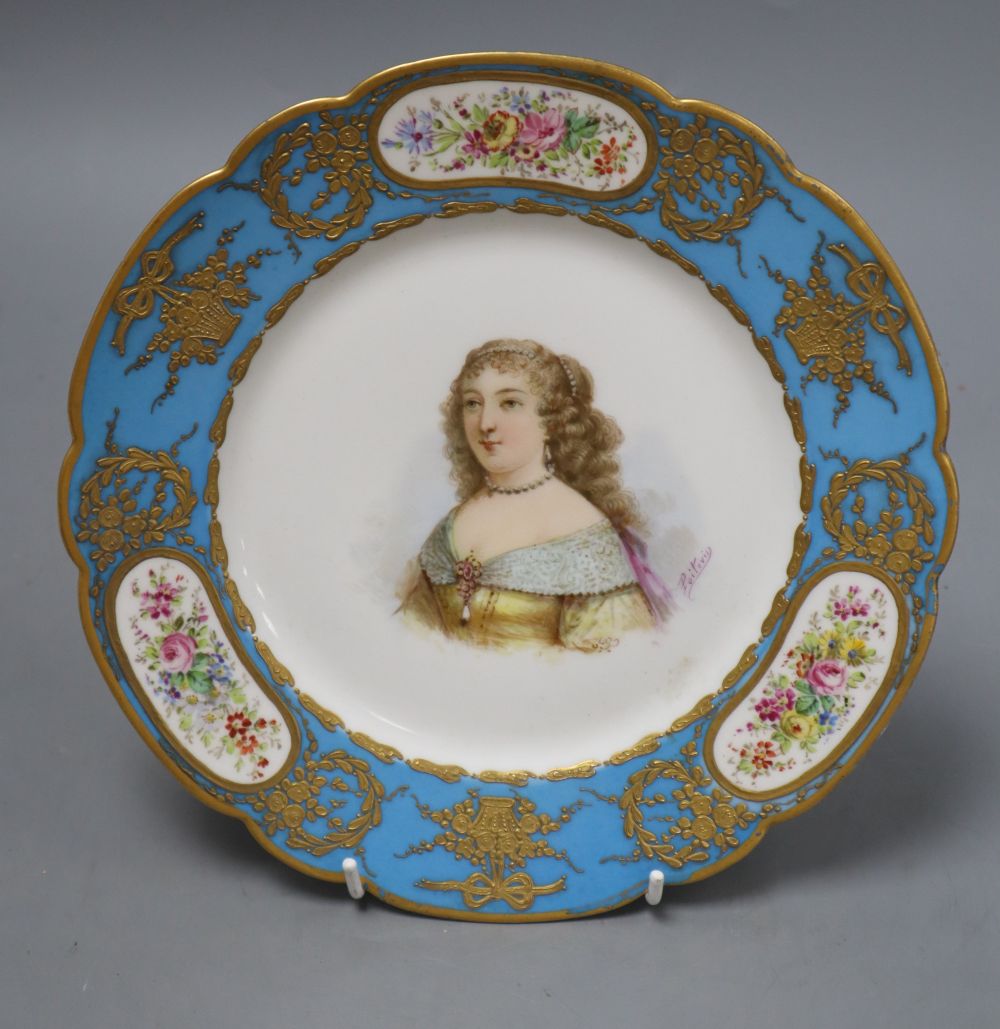 A Sevres style plate, painted with a bust of Elisabeth de Savoie [sic], signed Poitevid, Sevres style factory marks, diameter 24cm